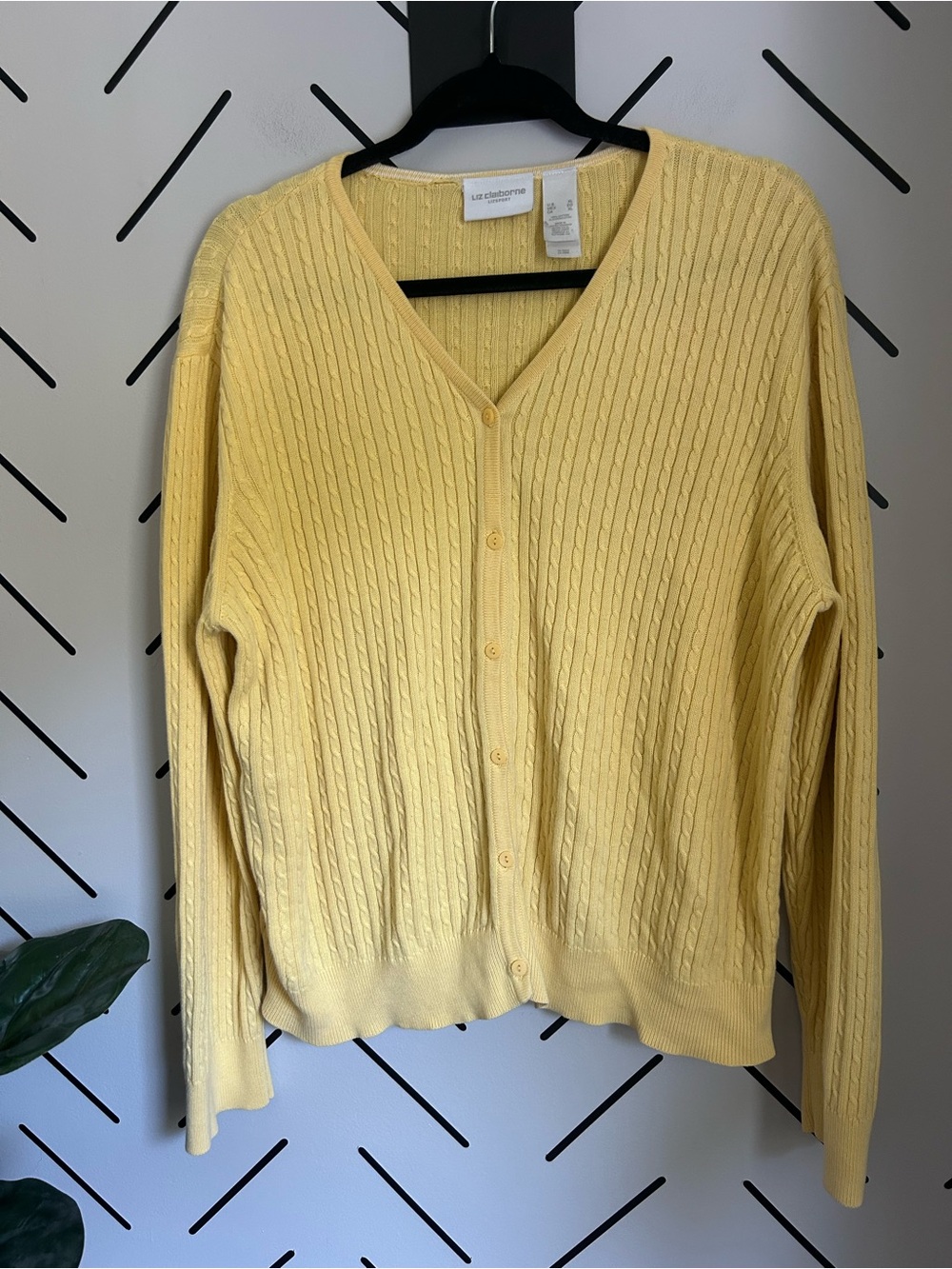 Vintage Liz Claiborne yellow cotton cable knit button up cardigan sweater